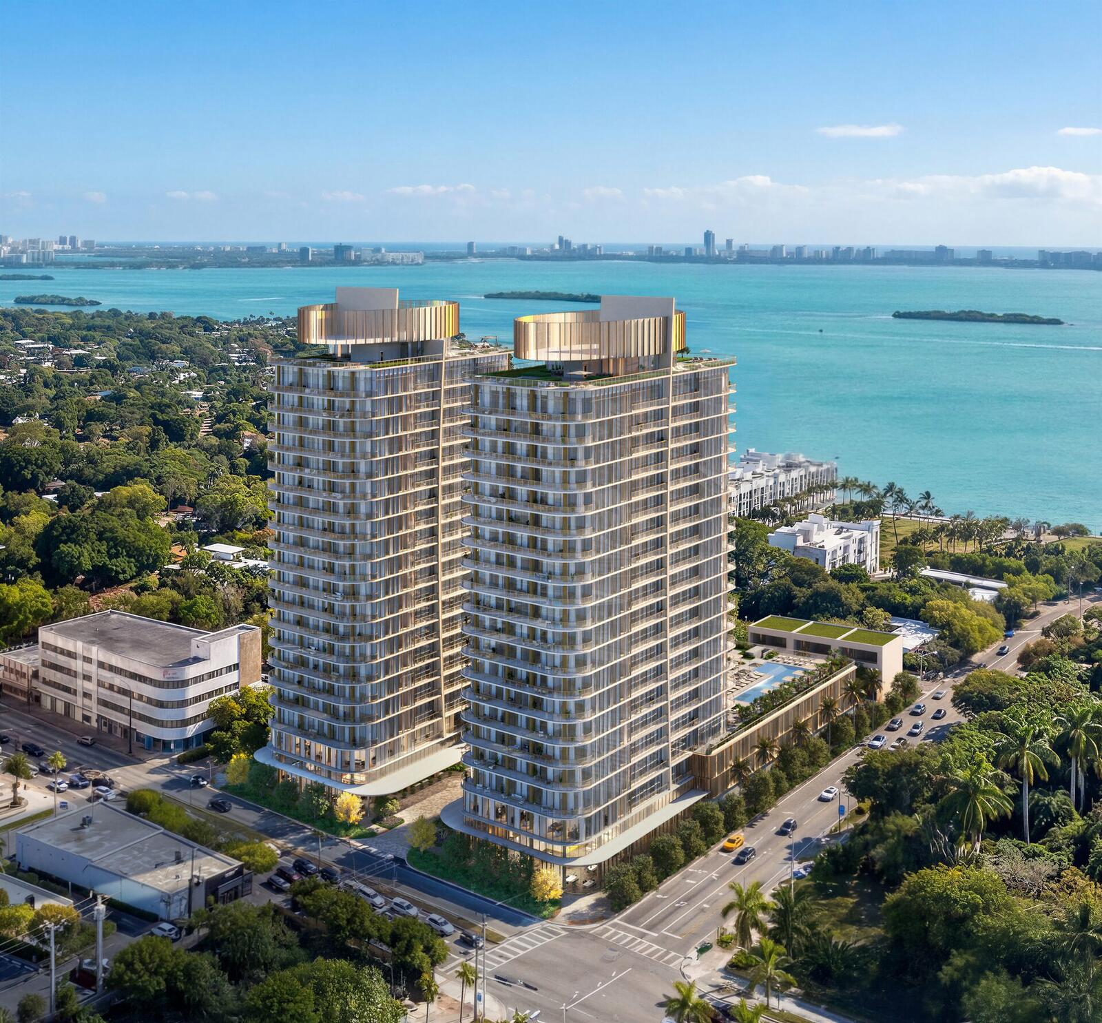 Aerial rendering of Kempinski Residences twin towers on Biscayne Bay