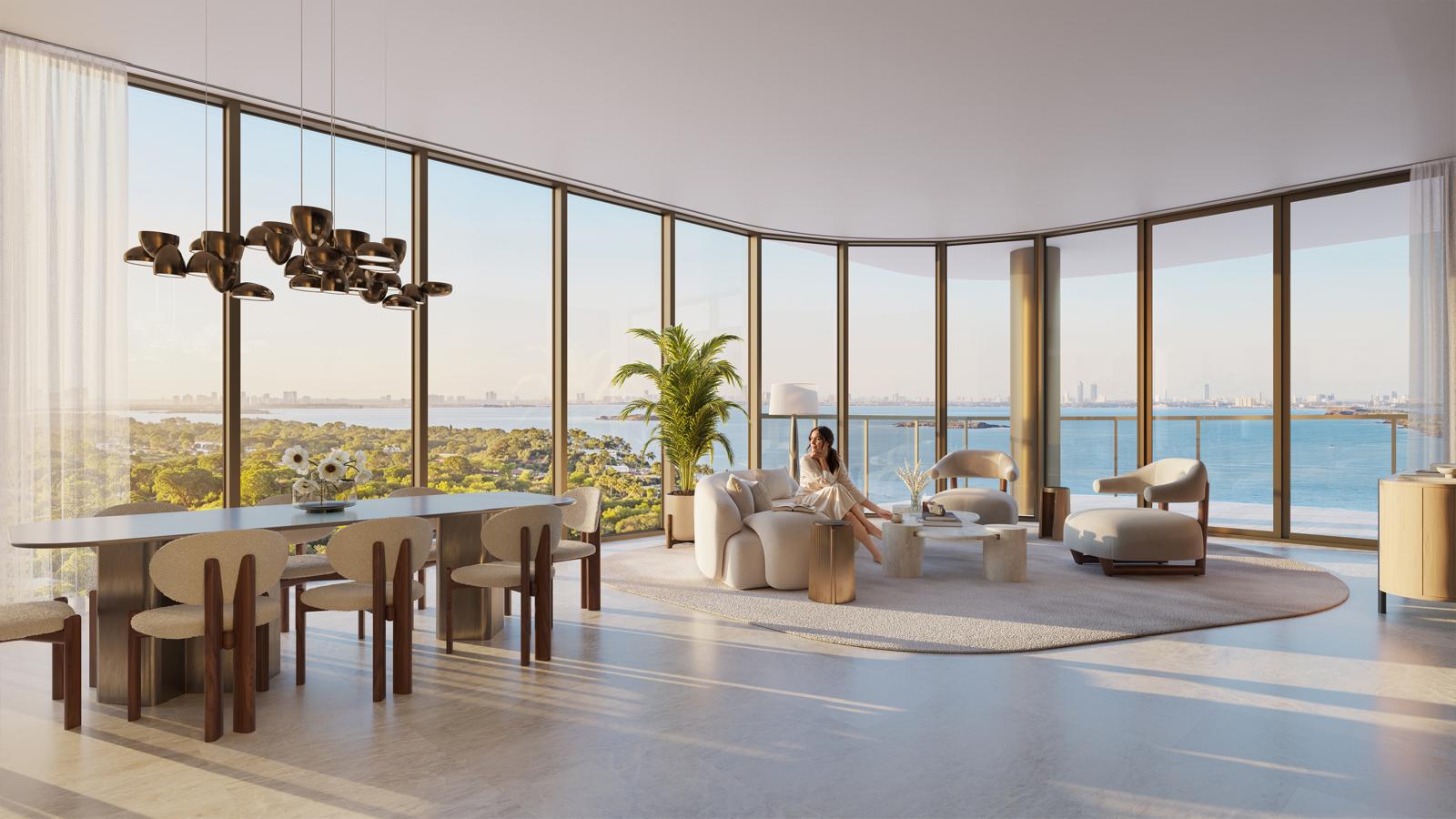 Kempinski Residences living room with panoramic Biscayne Bay views