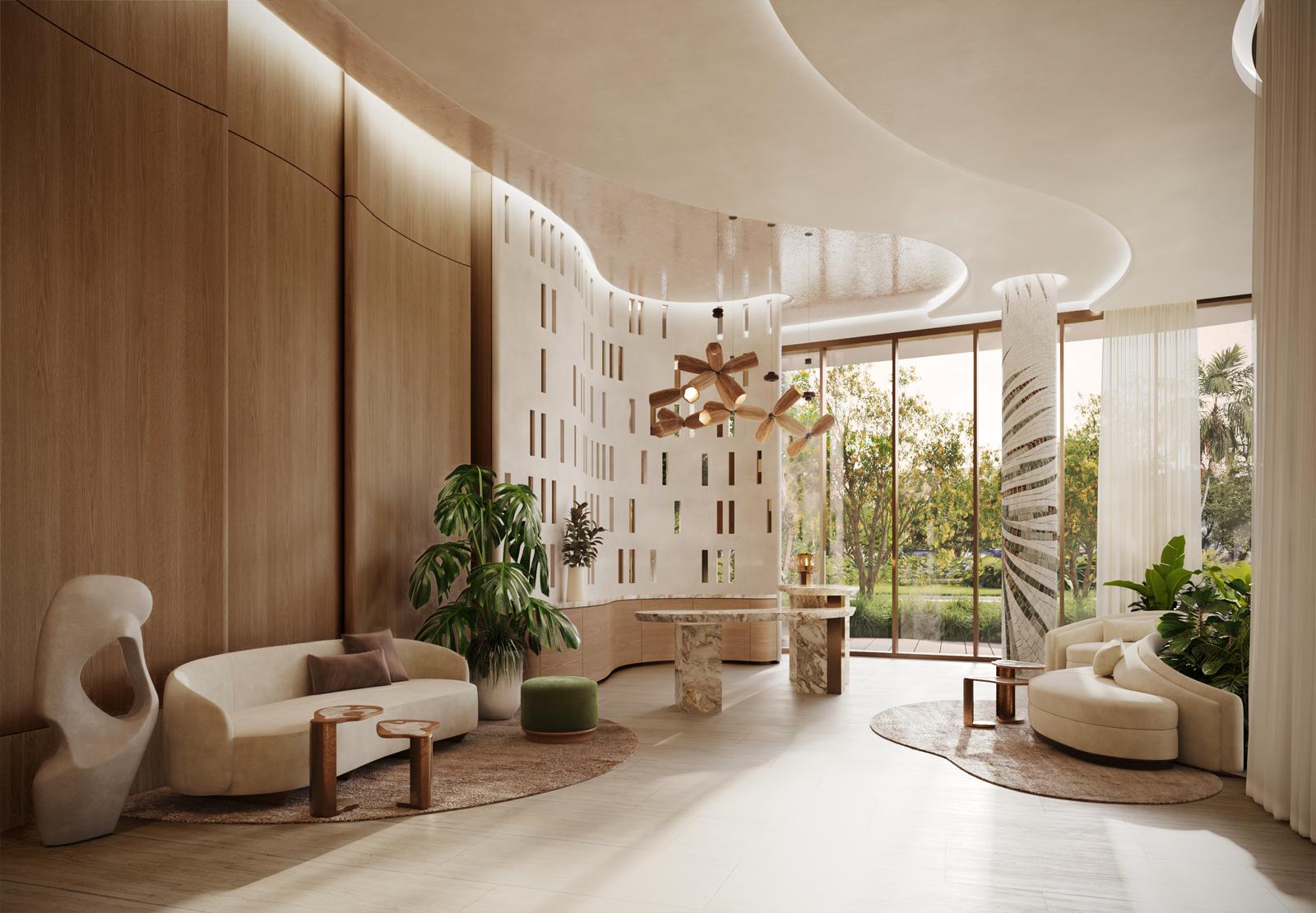 Kempinski Residences lobby with sculptural design elements